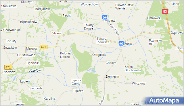 mapa Okręglica gmina Kawęczyn, Okręglica gmina Kawęczyn na mapie Targeo
