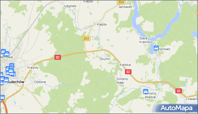 mapa Okunin gmina Sulechów, Okunin gmina Sulechów na mapie Targeo