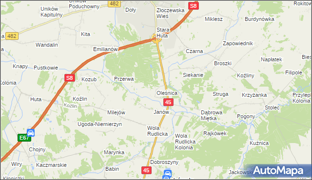 mapa Oleśnica gmina Ostrówek, Oleśnica gmina Ostrówek na mapie Targeo