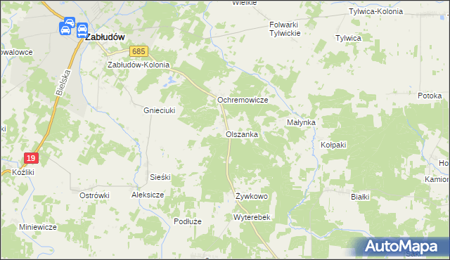 mapa Olszanka gmina Zabłudów, Olszanka gmina Zabłudów na mapie Targeo