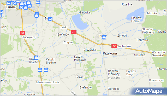 mapa Olszówka gmina Przykona, Olszówka gmina Przykona na mapie Targeo