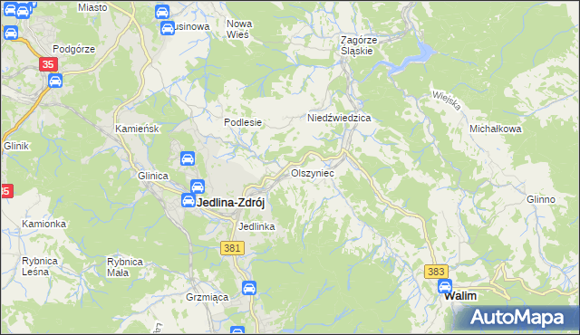 mapa Olszyniec gmina Walim, Olszyniec gmina Walim na mapie Targeo