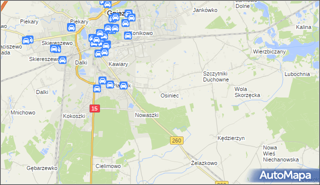 mapa Osiniec gmina Gniezno, Osiniec gmina Gniezno na mapie Targeo