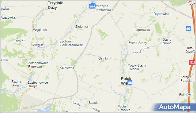 mapa Osinki gmina Potok Wielki, Osinki gmina Potok Wielki na mapie Targeo