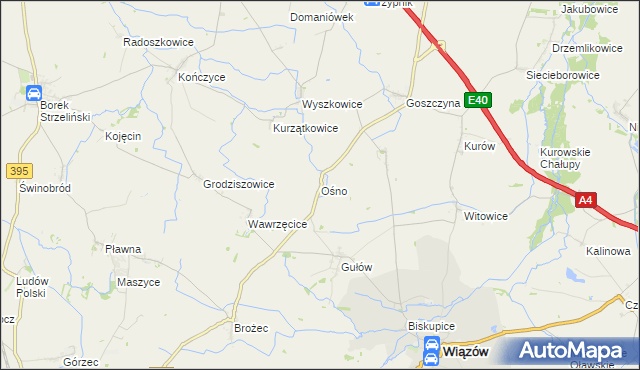 mapa Ośno gmina Wiązów, Ośno gmina Wiązów na mapie Targeo