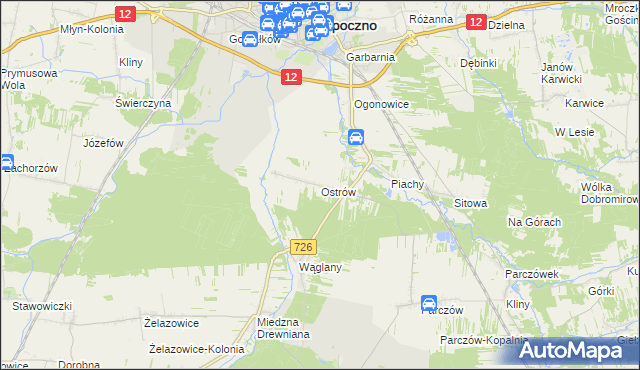 mapa Ostrów gmina Opoczno, Ostrów gmina Opoczno na mapie Targeo