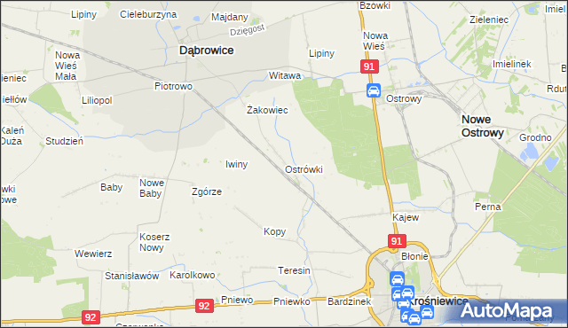 mapa Ostrówki gmina Dąbrowice, Ostrówki gmina Dąbrowice na mapie Targeo