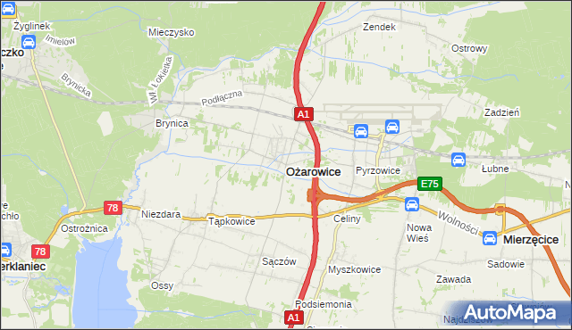 mapa Ożarowice, Ożarowice na mapie Targeo