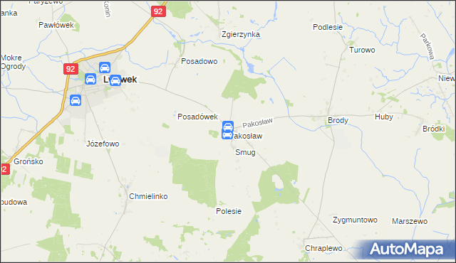 mapa Pakosław gmina Lwówek, Pakosław gmina Lwówek na mapie Targeo