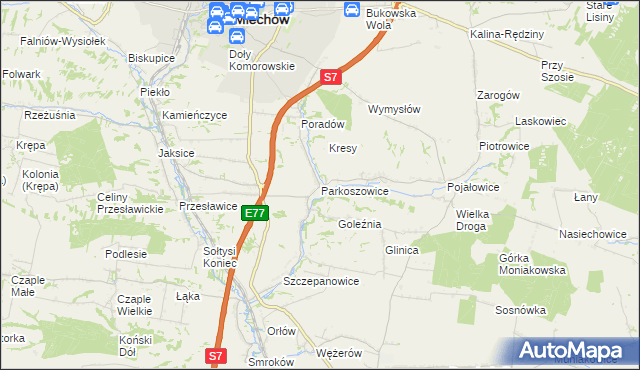 mapa Parkoszowice gmina Miechów, Parkoszowice gmina Miechów na mapie Targeo