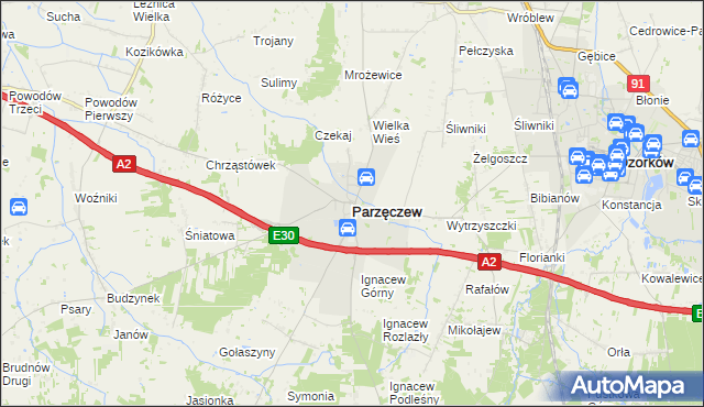 mapa Parzęczew powiat zgierski, Parzęczew powiat zgierski na mapie Targeo