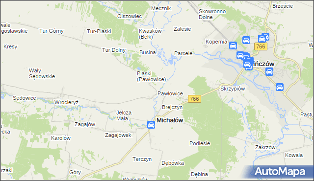 mapa Pawłowice gmina Michałów, Pawłowice gmina Michałów na mapie Targeo