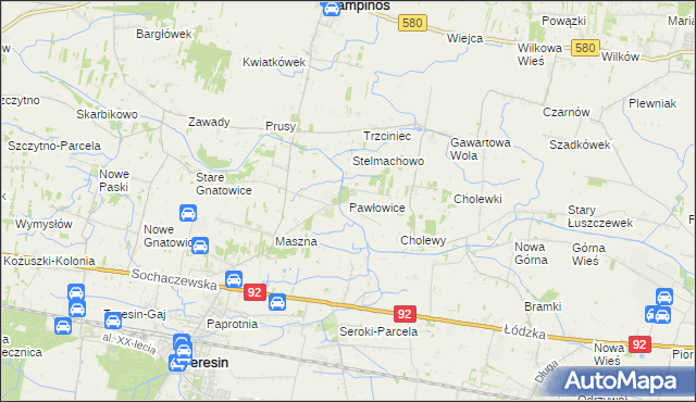 mapa Pawłowice gmina Teresin, Pawłowice gmina Teresin na mapie Targeo