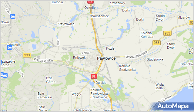 mapa Pawłowice powiat pszczyński, Pawłowice powiat pszczyński na mapie Targeo