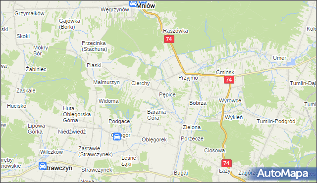 mapa Pępice gmina Mniów, Pępice gmina Mniów na mapie Targeo