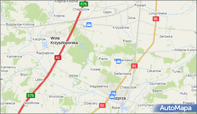 mapa Pieńki gmina Rozprza, Pieńki gmina Rozprza na mapie Targeo