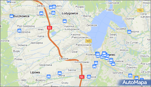 mapa Pietrzykowice gmina Łodygowice, Pietrzykowice gmina Łodygowice na mapie Targeo