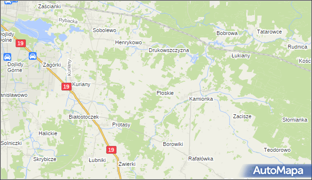 mapa Płoskie gmina Zabłudów, Płoskie gmina Zabłudów na mapie Targeo