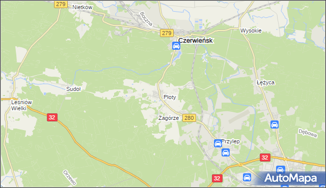 mapa Płoty gmina Czerwieńsk, Płoty gmina Czerwieńsk na mapie Targeo