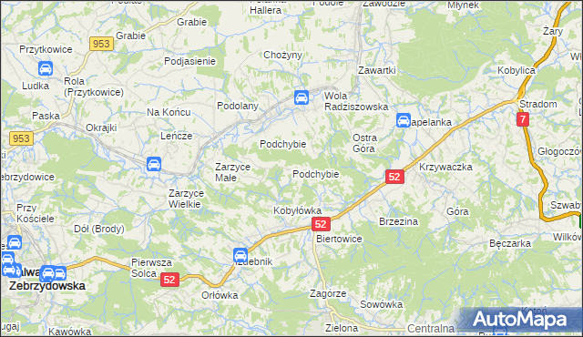 mapa Podchybie gmina Lanckorona, Podchybie gmina Lanckorona na mapie Targeo