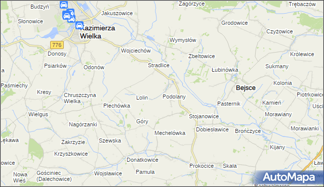 mapa Podolany gmina Kazimierza Wielka, Podolany gmina Kazimierza Wielka na mapie Targeo