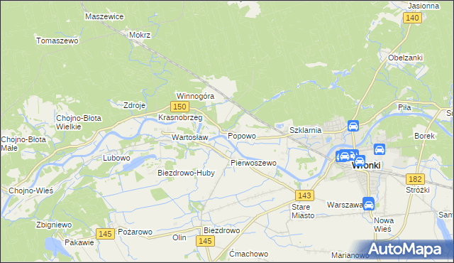 mapa Popowo gmina Wronki, Popowo gmina Wronki na mapie Targeo