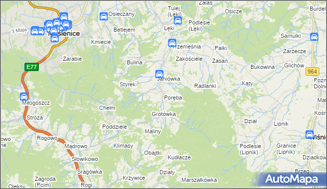 mapa Poręba gmina Myślenice, Poręba gmina Myślenice na mapie Targeo