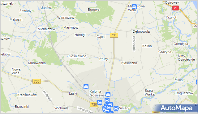 mapa Prusy gmina Warka, Prusy gmina Warka na mapie Targeo