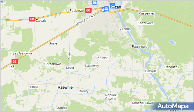 mapa Pruszki gmina Rzewnie, Pruszki gmina Rzewnie na mapie Targeo