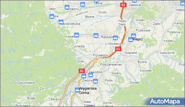 mapa Przybędza, Przybędza na mapie Targeo