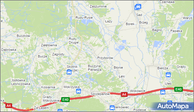 mapa Przyborów gmina Borzęcin, Przyborów gmina Borzęcin na mapie Targeo