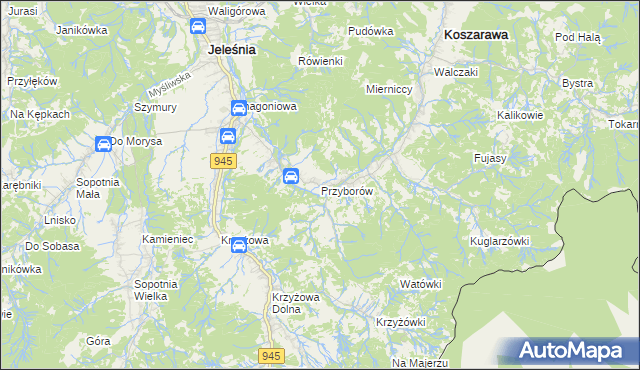 mapa Przyborów gmina Jeleśnia, Przyborów gmina Jeleśnia na mapie Targeo