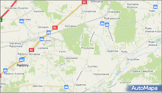 mapa Przybyłów gmina Kłomnice, Przybyłów gmina Kłomnice na mapie Targeo