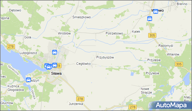 mapa Przybyszów gmina Sława, Przybyszów gmina Sława na mapie Targeo