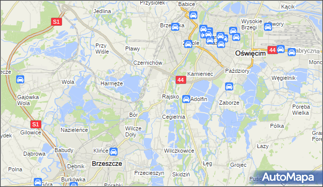 mapa Rajsko gmina Oświęcim, Rajsko gmina Oświęcim na mapie Targeo