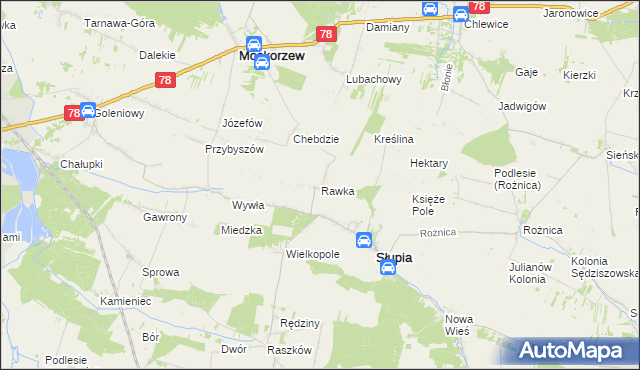 mapa Rawka gmina Słupia, Rawka gmina Słupia na mapie Targeo