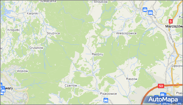 mapa Rędziny gmina Kamienna Góra, Rędziny gmina Kamienna Góra na mapie Targeo