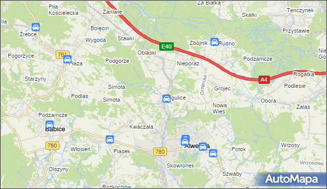 mapa Regulice gmina Alwernia, Regulice gmina Alwernia na mapie Targeo