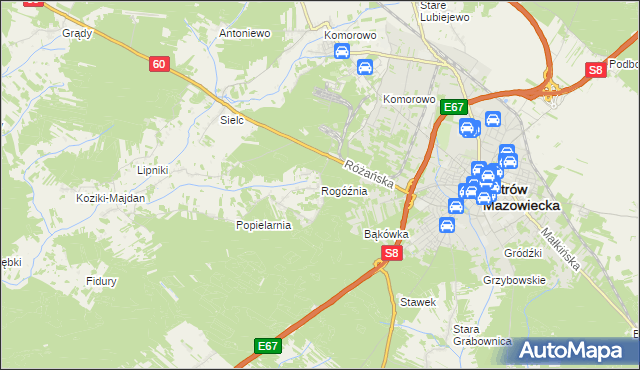 mapa Rogóźnia gmina Ostrów Mazowiecka, Rogóźnia gmina Ostrów Mazowiecka na mapie Targeo