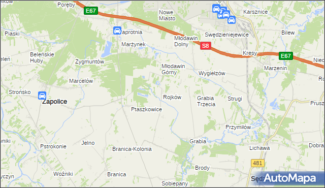 mapa Rojków gmina Zapolice, Rojków gmina Zapolice na mapie Targeo