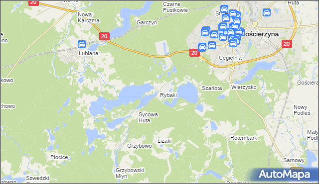 mapa Rybaki gmina Kościerzyna, Rybaki gmina Kościerzyna na mapie Targeo