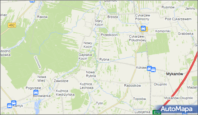 mapa Rybna gmina Mykanów, Rybna gmina Mykanów na mapie Targeo