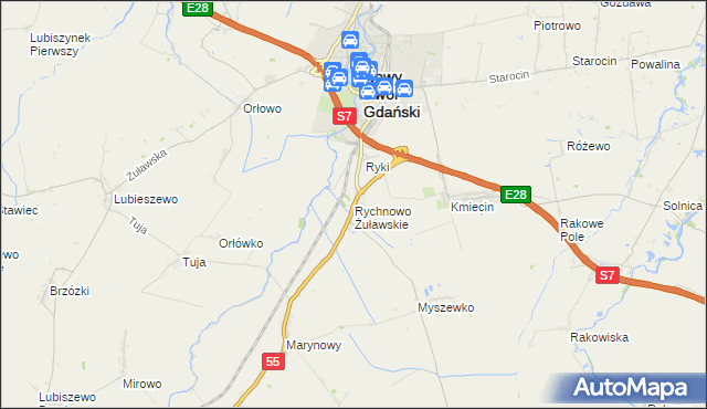 mapa Rychnowo Żuławskie, Rychnowo Żuławskie na mapie Targeo