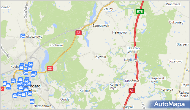 mapa Rywałd gmina Starogard Gdański, Rywałd gmina Starogard Gdański na mapie Targeo