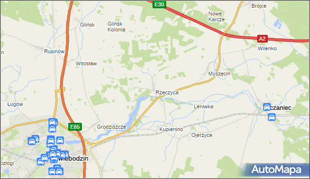mapa Rzeczyca gmina Świebodzin, Rzeczyca gmina Świebodzin na mapie Targeo