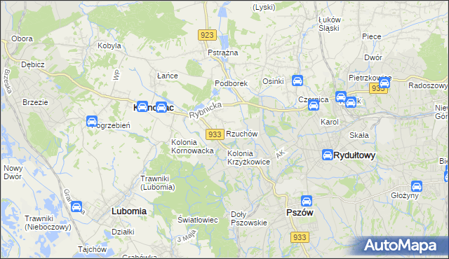 mapa Rzuchów gmina Kornowac, Rzuchów gmina Kornowac na mapie Targeo