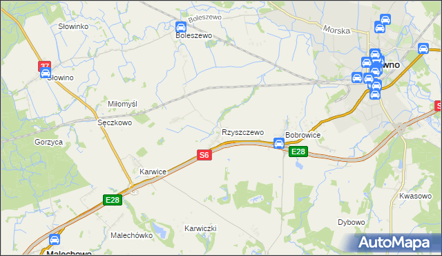 mapa Rzyszczewo gmina Sławno, Rzyszczewo gmina Sławno na mapie Targeo