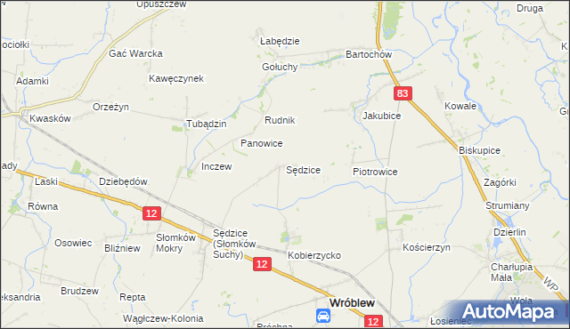 mapa Sędzice gmina Wróblew, Sędzice gmina Wróblew na mapie Targeo