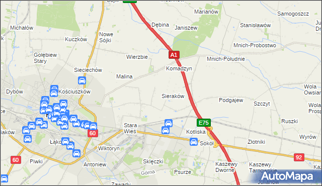 mapa Sieraków gmina Kutno, Sieraków gmina Kutno na mapie Targeo