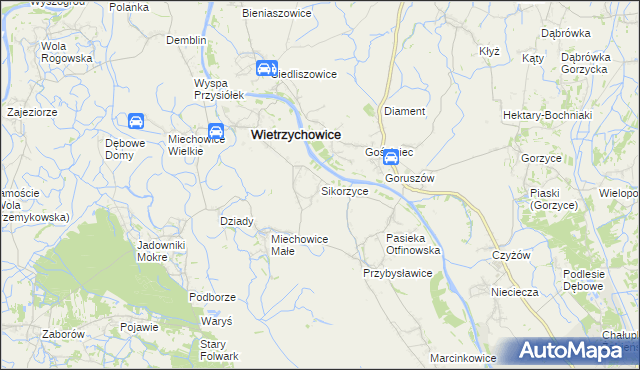 mapa Sikorzyce gmina Wietrzychowice, Sikorzyce gmina Wietrzychowice na mapie Targeo